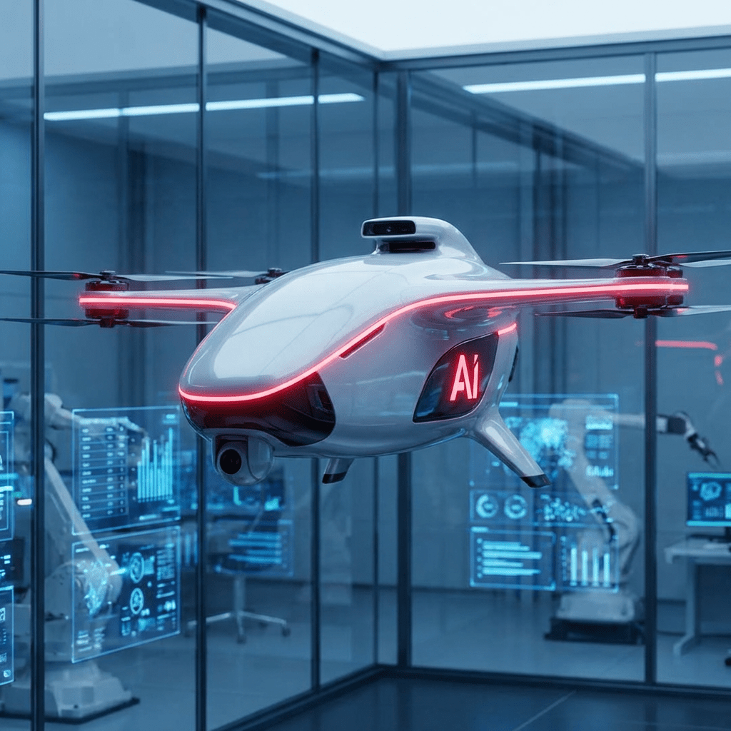 Sleek white drone with red AI text hovering in a high-tech robotics laboratory.